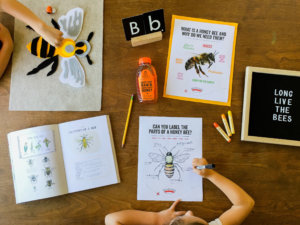 A hands-on learning activity about bees with educational sheets, a bee craft, and Nature Nate’s honey.